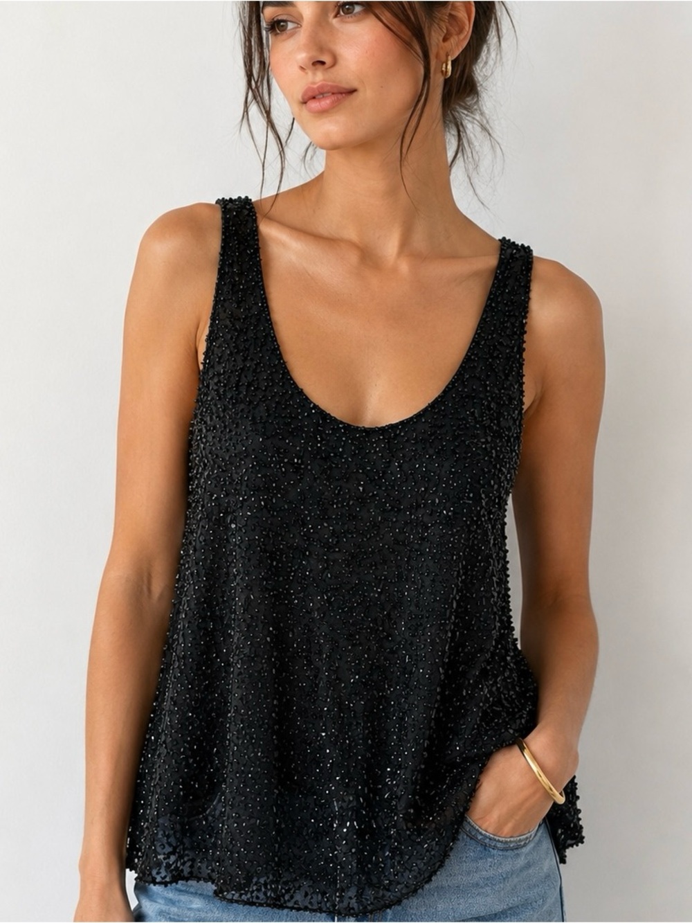 Vintage Bieff Basix 100% Silk Beaded Tank Top Sz 10 Black Whimsigoth Y2K Glam